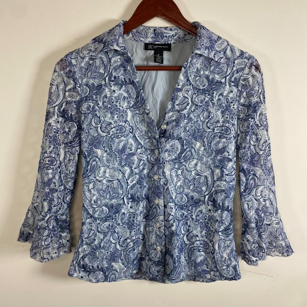 Vintage Y2K I.N.C Button Up Collared Shirt 3/4 Ruffle Sleeves‎ Blue Paisley Boho - Picture 2 of 6